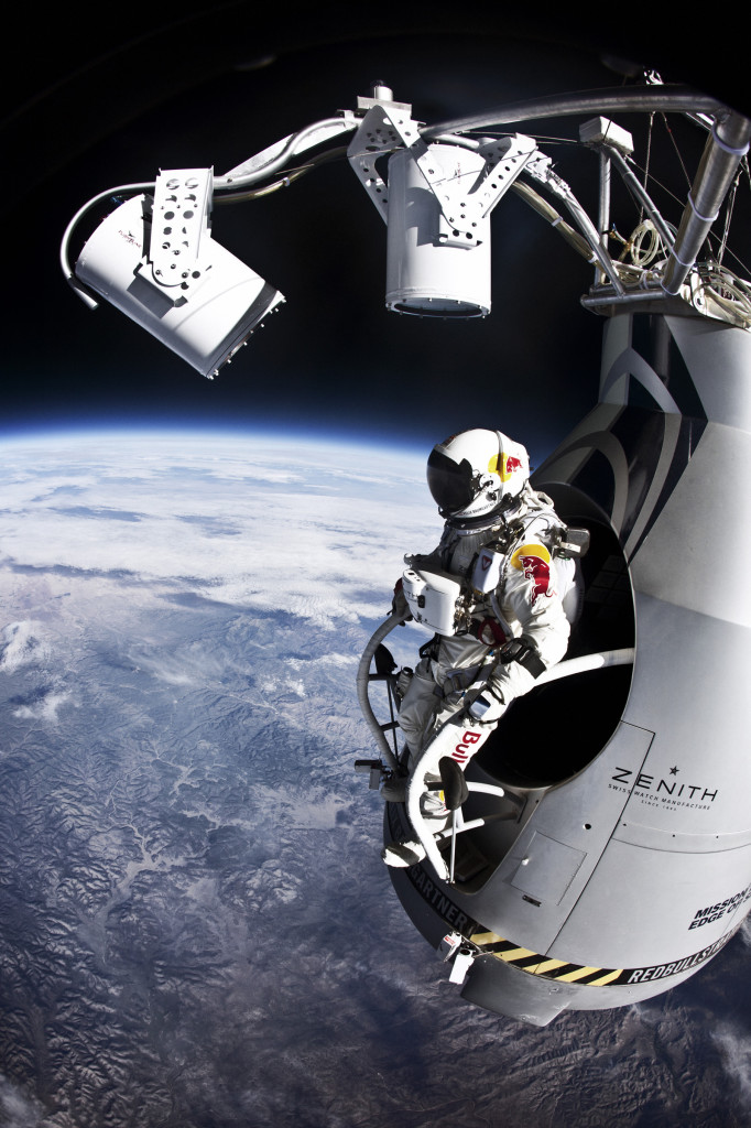 Pilot Felix Baumgartner of Austria prepares to jump from the altitude of 29455 meters during the second manned test flight for Red Bull Stratos in Roswell, New Mexico, USA on July 25, 2012. © Jay Nemeth/Red Bull Content Pool