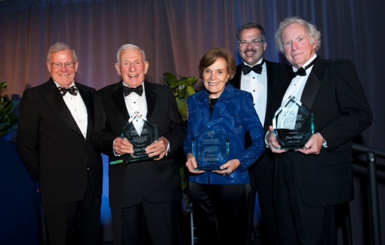 Jerry Schubel, Aquarium president and CEO; Walter Munk; Sylvia Earle; John Molina, Aquarium Board chairman; and Don Walsh.  Photo (c) Scott Smeltzer