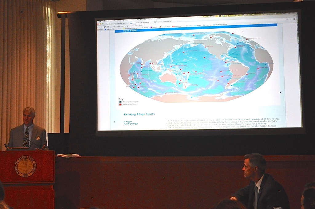 IUCN's Carl Lundin speaks about Hope Spots at National Geographic during Kerry Conference. Photo: Deb Castellana
