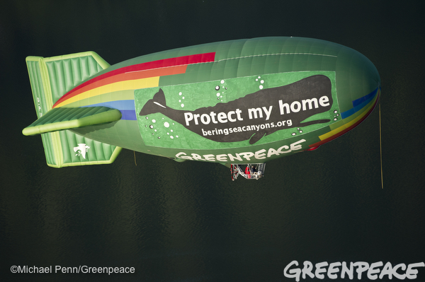 The Greenpeace thermal Airship A.E. Bates takes to the skies over Juneau, Alaska