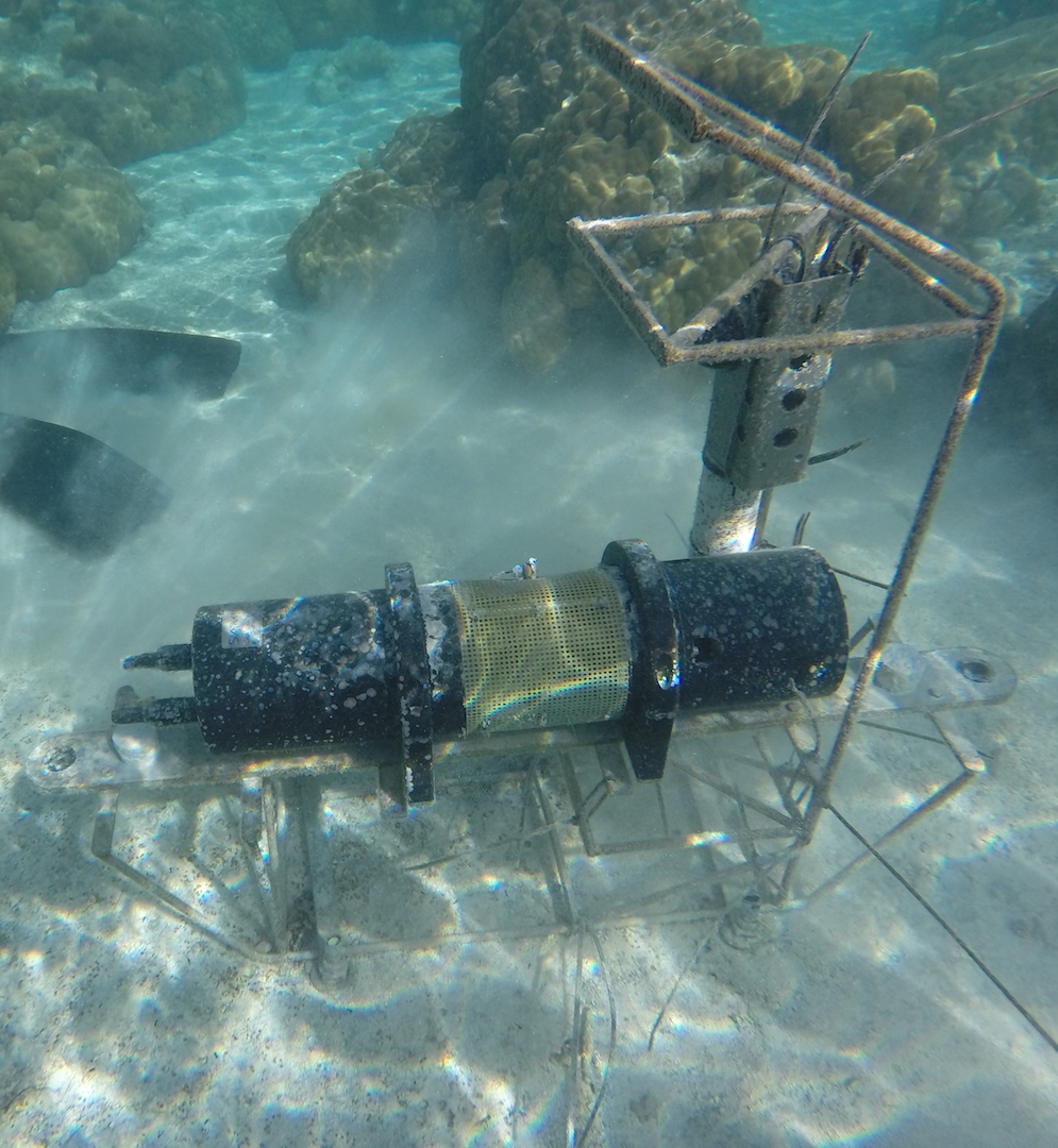A Submersible Autonomous Moored Instrument (SAMI) monitors the lagoon water on Tetiaroa. Photo Credit: University of Washington